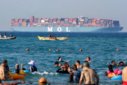 Beachgoers near Cairo watch a massive container ship sail to the Red Sea.