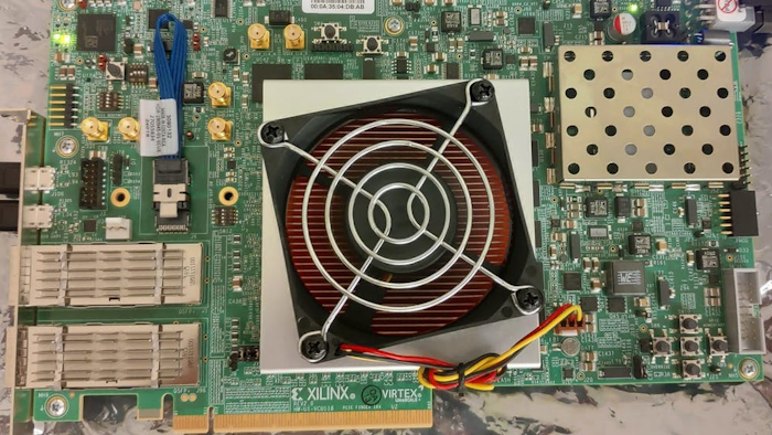 The Morpheus computer processor, inside the square beneath the fan on this circuit board, rapidly and continuously changes its underlying structure to thwart hackers.
