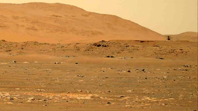 The Mars Ingenuity helicopter, right, flies over the surface of the planet, April 30, 2021.