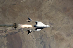 The release of VSS Unity from VMS Eve and the ignition of its rocket motor over Spaceport America, Sierra County, N.M., May 22, 2021.