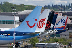 Boeing 737 Max airplanes sit at a storage lot near Boeing Field in Seattle.