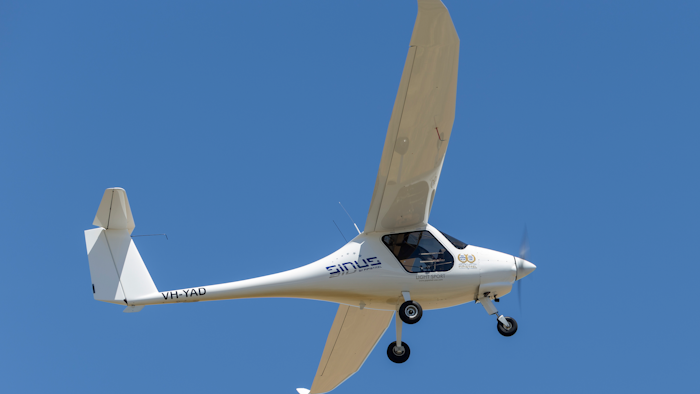 A Pipistrel Sinus VH-YAD ultralight aircraft taking off from Lethbridge airfield, Lethbridge, Australia, Nov. 2014.