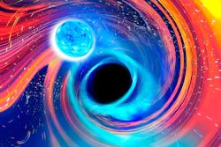 Illustration depicting a black hole swallowing a neutron star.