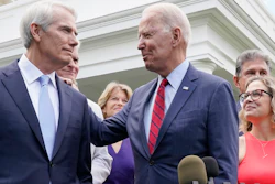 President Joe Biden speaks with Sen. Rob Portman, R-Ohio, and other bipartisan group of senators, Thursday June 24, 2021, outside the White House in Washington.