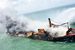 This photo provided by Sri Lankan Air Force shows the sinking MV X-Press Pearl at Kapungoda where it is anchored off Colombo port, Sri Lanka, Wednesday, June 2, 2021. Salvage experts were attempting to tow the fire-stricken container ship that had been loaded with chemicals into the deep sea as the vessel started to sink Wednesday. Water submerged the MV X-Press Pearl's quarterdeck a day after firefighters extinguished a blaze that had been burning for 12 days.