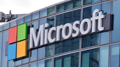 Microsoft logo in Issy-les-Moulineaux, France, April 12, 2016.