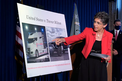 Audrey Strauss, the United States Attorney for the Southern District of New York, speaks during a news conference, in New York, Thursday, July 29, 2021. She announced that Trevor Milton, founder and one-time executive chair of Nikola Corp., surrendered Thursday in New York to face charges alleging he lied about the electric and hydrogen-powered truck startup, duping some financially struggling novice investors looking for income during the pandemic.
