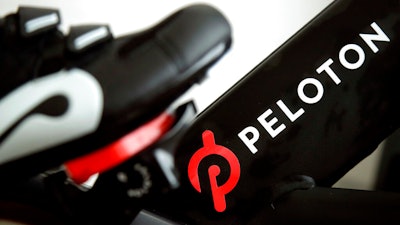 The logo on a Peloton bike in San Francisco, Nov. 19, 2019.