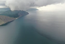 An aerial view of the Black Sea coast following an oil spill that happened while being pumped into the Minerva Symphony tanker, near Novorossiysk, Russia, Thursday, Aug. 12, 2021.