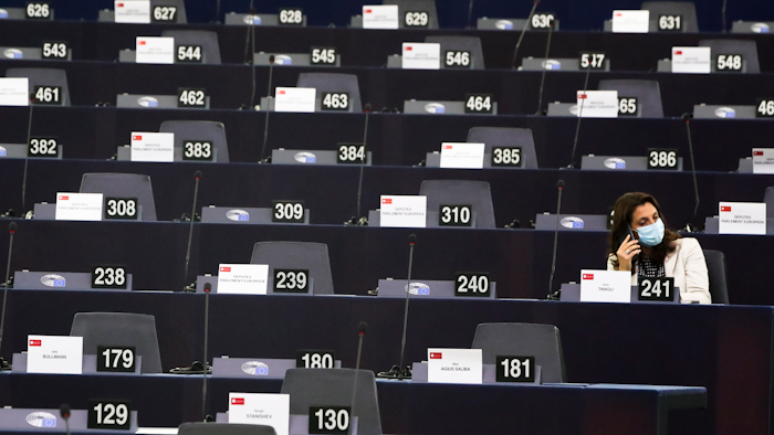 An MEP waits in the plenary for the session to begin at the European Parliament in Strasbourg, France, Sept. 15, 2021.