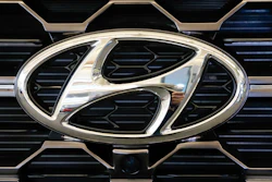 Hyundai logo on a 2019 Santa Fe SUV at the Pittsburgh International Auto Show, Feb. 14, 2019.