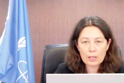 In this image from video, head of the International Atomic Energy Agency Lydie Evrad speaks to media via video conference, Sept. 9, 2021.