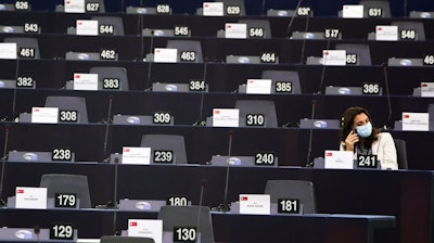 An MEP waits in the plenary for the session to begin at the European Parliament in Strasbourg, France, Sept. 15, 2021.