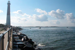 This Sept. 18, 2021 photo shows the Barnegat Inlet in Barnegat Light N.J. where a storm gate would be constructed across the inlet as part of a $16 billion storm control project being proposed by the U.S. Army Corps of Engineers. A public hearing on the proposal was to be held on Tuesday, Sept. 21.