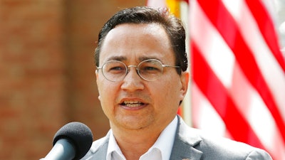 In this Aug. 22, 2019, file photo, Cherokee Nation Principal Chief Chuck Hoskin Jr., speaks during a news conference in Tahlequah, Okla. The Cherokee Nation and three opioid distributors reached a $75 million settlement to resolve opioid-related claims against the companies, the tribe and the companies announced on Tuesday, Sept. 28, 2021.