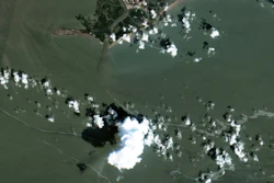 In a satellite image provided by Maxar Technologies, an oil slick is shown on Sept. 2, 2021 south of Port Fourchon, La. The U.S. Coast Guard said Saturday, Sept. 4, that cleanup crews are responding to a sizable oil spill in the Gulf of Mexico following Hurricane Ida.