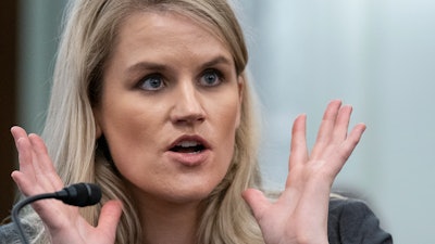 Former Facebook employee Frances Haugen speaks during a hearing of the Senate Commerce, Science, and Transportation Subcommittee on Consumer Protection, Product Safety, and Data Security, on Capitol Hill, Tuesday, Oct. 5, 2021, in Washington.