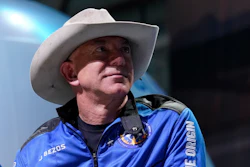 In this July 20, 2021 file photo, Jeff Bezos, founder of Amazon and space tourism company Blue Origin, participates in post launch briefing from its spaceport near Van Horn, Texas. A group of more than 20 current and former employees are accusing Jeff Bezos’ Blue Origin of being a toxic work environment and not following proper safety protocols.