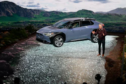 Tom Doll, president and CEO of Subaru of America Inc., introduces the 2023 Subaru Solterra EV at the AutoMobility LA auto show, Nov. 17, 2021, in Los Angeles.
