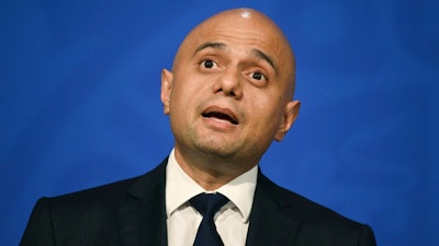 Britain's Health Secretary Sajid Javid during a media briefing in Downing Street, London, Oct. 20, 2021.