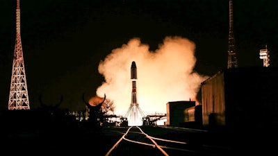 A Soyuz rocket blasts off from the launch pad at Russia's space facility in Baikonur, Kazakhstan, Nov. 24, 2021.