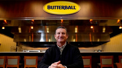 Butterball President and CEO Jay Jandrain poses at the company's corporate headquarters in Garner, N.C., Friday, Nov. 19, 2021. Butterball, which supplies around one-third of Thanksgiving turkeys, struggled to attract workers earlier this year, leading to processing delays. But Jandrain said labor shortages have lessened and the company was able to secure enough trucks to get its turkeys to grocery stores.