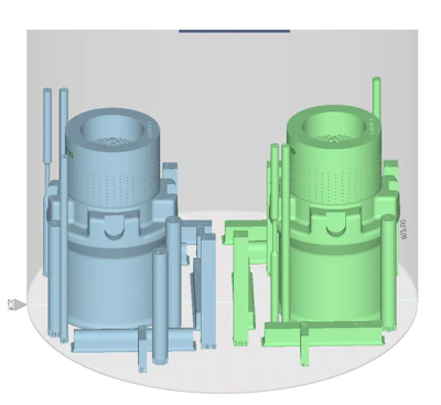 Image 1. Two choke valves optimized with IMI’s DRAG technology, pictured in a VELO3D Flow software build file.