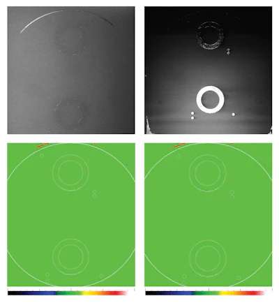 Image 3a,b,c,d. (Top) Actual layer-by-layer build photographs inside a VELO3D Sapphire metal AM system: (a. left) powder bed after recoat and (b. right) powder bed after lasing. (Bottom) Individual-layer Height Mapper software images show (c. left) powder bed after recoat, ensuring uniform surface for lasing and (d. right) powder bed after lasing, providing observation of part performance and safe environment for next recoat.