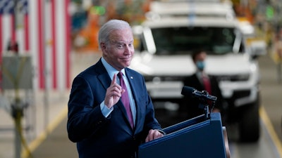 President Joe Biden speaks during a visit to the General Motors Factory ZERO electric vehicle assembly plant, Wednesday, Nov. 17, 2021, in Detroit.