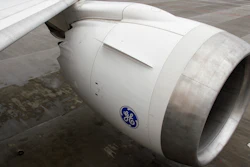 GE turbine engine on a Boeing 787 Dreamliner aircraft, Shanghai Pudong International Airport, June 2019.
