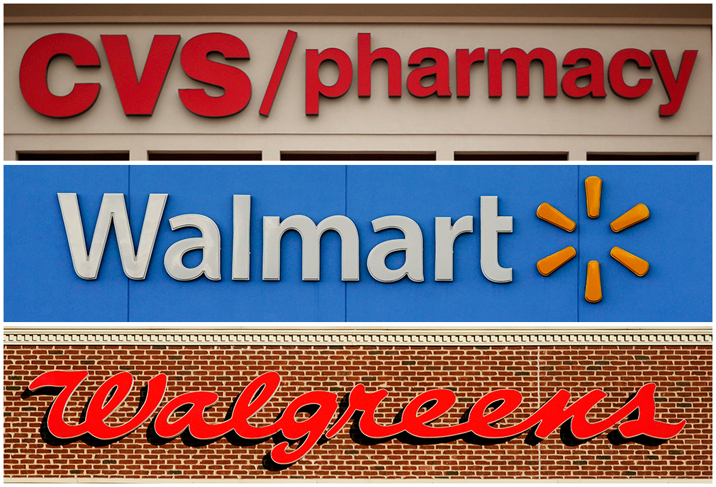 In this undated combination of photos shown are CVS, Walmart and Walgreens locations. The retail pharmacy chains recklessly distributed massive amounts of pain pills in two Ohio counties, a federal jury said Tuesday, Nov. 23, 2021.