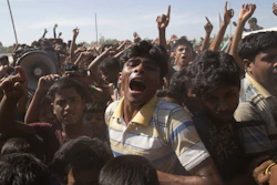 Rohingya refugees protest against the repatriation process at Unchiprang refugee camp near Cox's Bazar, Bangladesh, Nov. 15, 2018.
