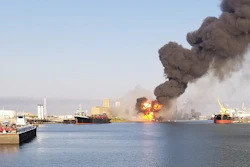 Coast Guard crews respond to a fire in the Port of Corpus Christi Ship Channel, Corpus Christi, Texas, Aug. 21, 2020.