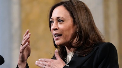 Vice President Kamala Harris speaks at the Freedman Bank Forum at the Treasury Department in Washington, Tuesday, Dec. 14, 2021.