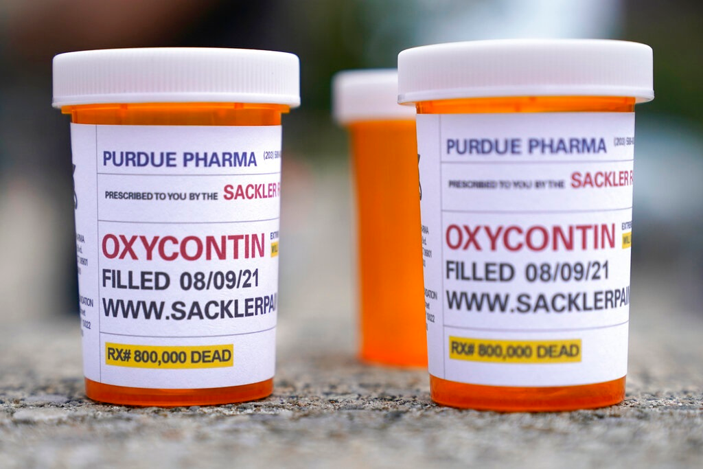 In this Aug. 9, 2021, file photo, fake pill bottles with messages about OxyContin maker Purdue Pharma are displayed during a protest outside the courthouse where the bankruptcy of the company is taking place in White Plains, N.Y. A federal judge should reject a sweeping settlement to thousands of lawsuits against OxyContin maker Purdue Pharma, a group of states said at a hearing Tuesday, Nov. 30, 2021 arguing that the protections it extends to members of the Sackler family who own the firm are improper.