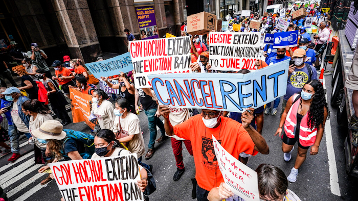 Housing activists march across town toward New York Gov. Kathy Hochul's office, calling for an extension of pandemic-era eviction protections on Aug. 31, 2021, in New York.
