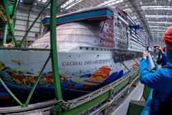 The cruise ship 'Global Dream' under construction in the shipbuilding hall of MV Werften shipyard, Wismar, Germany, Jan. 7, 2022.
