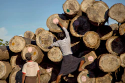 A worker marks logs at a yard in Wuntho, Myanmar, June 27, 2016.