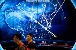 Electronic display showing recent cyberattacks in China at the China Internet Security Conference, Beijing, Sept. 12, 2017.