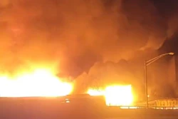Image from video showing a fire near a chemical plant in Passaic, N.J., Jan. 14, 2022,