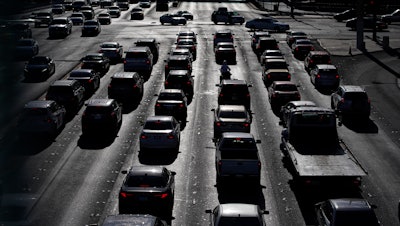 An intersection during rush hour on the Las Vegas Strip, Las Vegas, April 22, 2021.