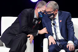 Intel CEO Patrick Gelsinger, left, talks with Ohio Gov. Mike DeWine at a news conference, Newark, Ohio, Jan. 21, 2022.