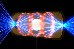Illustration depicting a target pellet inside a hohlraum capsule with laser beams entering through openings on either end.