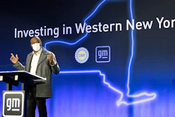 GM Executive Vice President of Global Manufacturing and Sustainability Gerald Johnson announces the company's $154 million investment in its Lockport Components facility, Lockport, N.Y., Jan. 21, 2022.