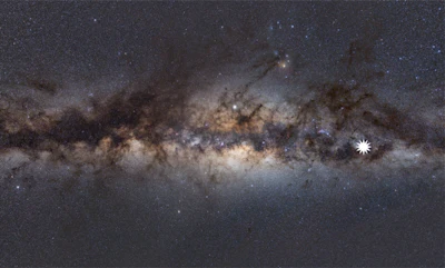The Milky Way as viewed from Earth. The star icon shows the position of the mysterious repeating transient.