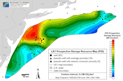 Several Mid-Atlantic areas being leased for offshore wind farms also have potential for carbon storage beneath the seafloor. The capacity is measured in millions of metric tons of CO2 per square kilometer. The U.S. produces about 4.5 billion metric tons of CO2 from energy per year.
