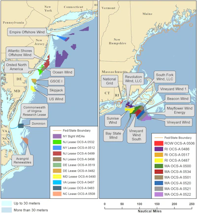 Most renewable energy lease areas off the Atlantic Coast are near the Mid-Atlantic states and Massachusetts. About 480,000 acres of the New York Bight is scheduled to be auctioned for wind farms in February 2022.