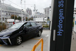 A Toyota Mirai hydrogen fuel cell vehicle at a hydrogen station in Tokyo, Nov. 17, 2014.