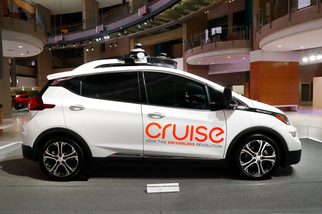 In this Jan. 16, 2019, file photo, Cruise AV, General Motor's autonomous electric Bolt EV is displayed in Detroit. Autonomous vehicle taxis are up and running in San Francisco and the public has been invited to try one out. Employees of General Motors and its autonomous vehicle subsidiary Cruise have been testing out the service for weeks, but on Tuesday, Feb. 1, 2022, Cruise posted a signup page for anyone to reserve a free &mdash; for now &mdash; ride in one.