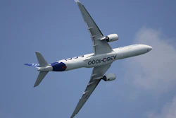 An Airbus A350-1000 aircraft participates in a fly-by during the Singapore Airshow 2022 at Changi Exhibition Centre in Singapore, Tuesday, Feb. 15, 2022.